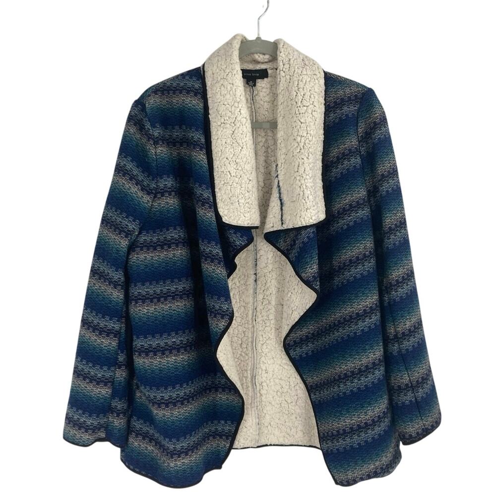 Miss Love Sherpa Lined Open Cardigan Sweater Coat Western Blue Women’s Medium